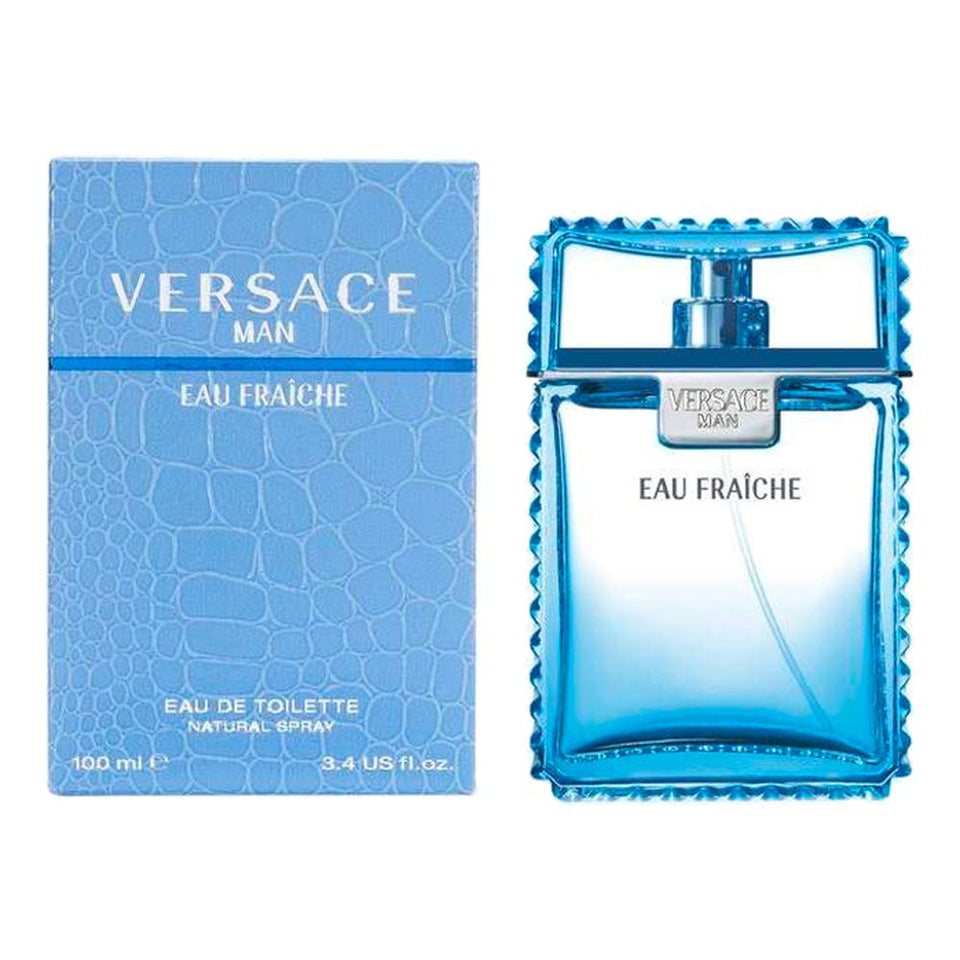Versace Man Eau Fraiche bottle pour presents fresh, woody aromatics for daily wear.