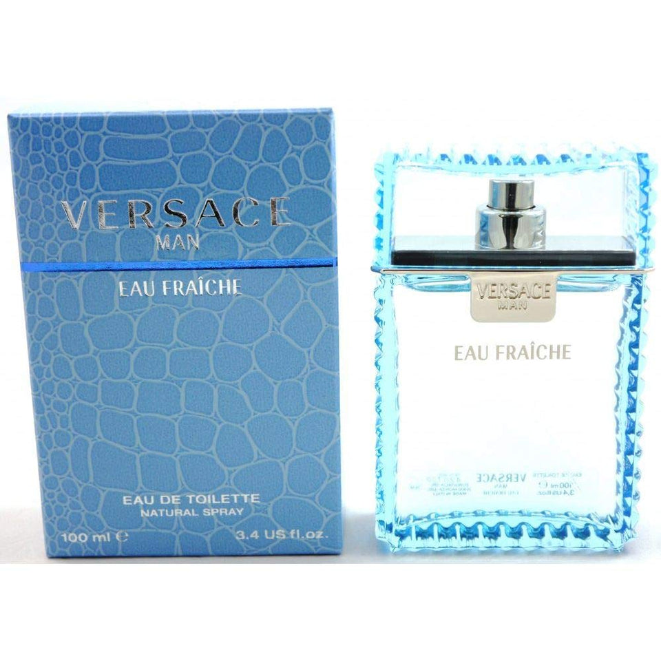 Versace Man Eau Fraiche bottle close-up, ideal for everyday wear and bold evenings.