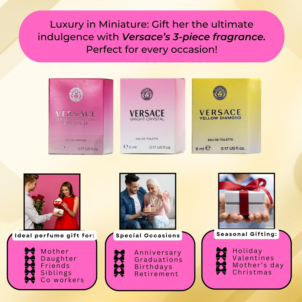 Versace miniatures packaging close-up, premium details and gifting-ready presentation.