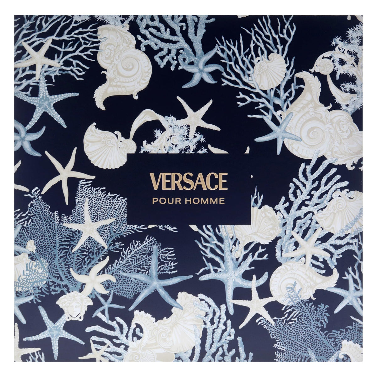 Close-up of Versace Pour Homme packaging and branding.