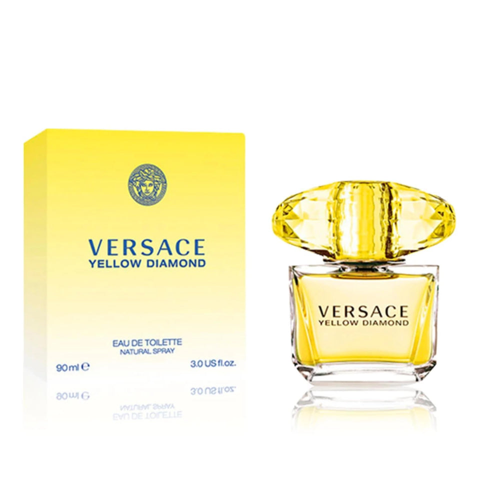 Versace Yellow Diamond bottle on a sleek surface highlighting a radiant premium fragrance.