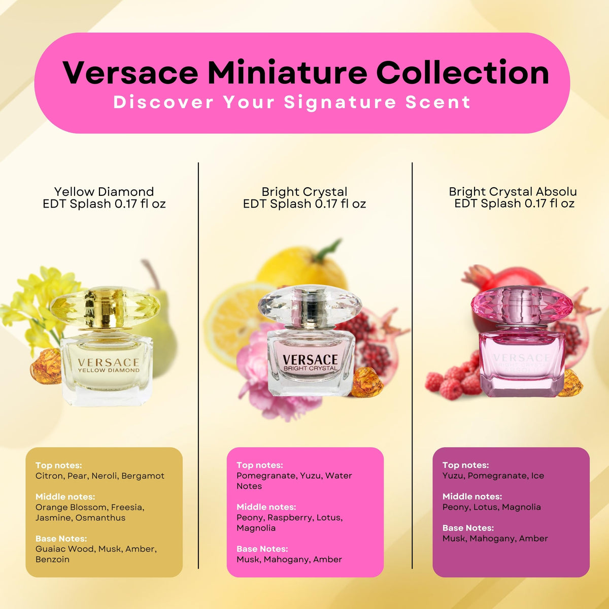 Versace Yellow Diamond mini bottle close-up, citrus-infused elegance in a compact form.