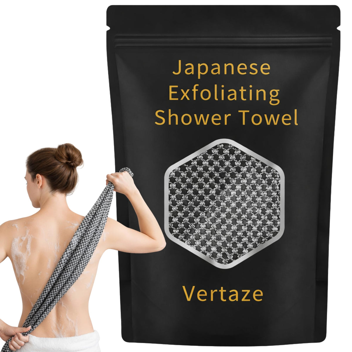 Vertaze premium Japanese exfoliating towel front view for smoother skin after shower.