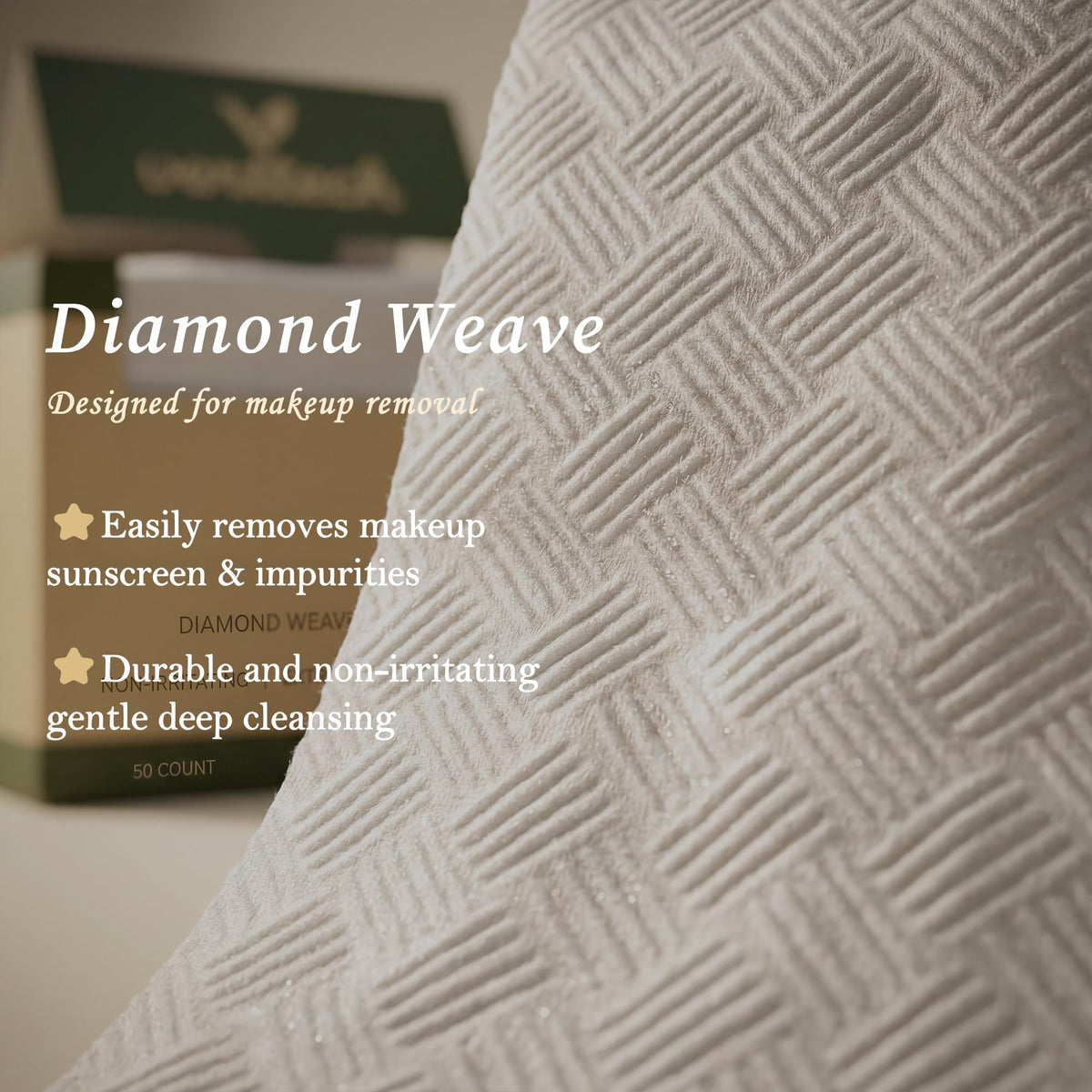 Verttech towel absorbent texture used for makeup removal and drying.