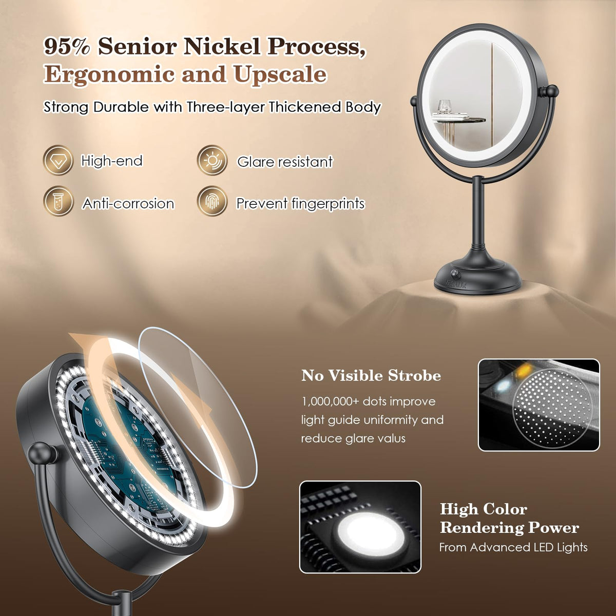 VESAUR mirror 360-degree rotation for flexible viewing angles.