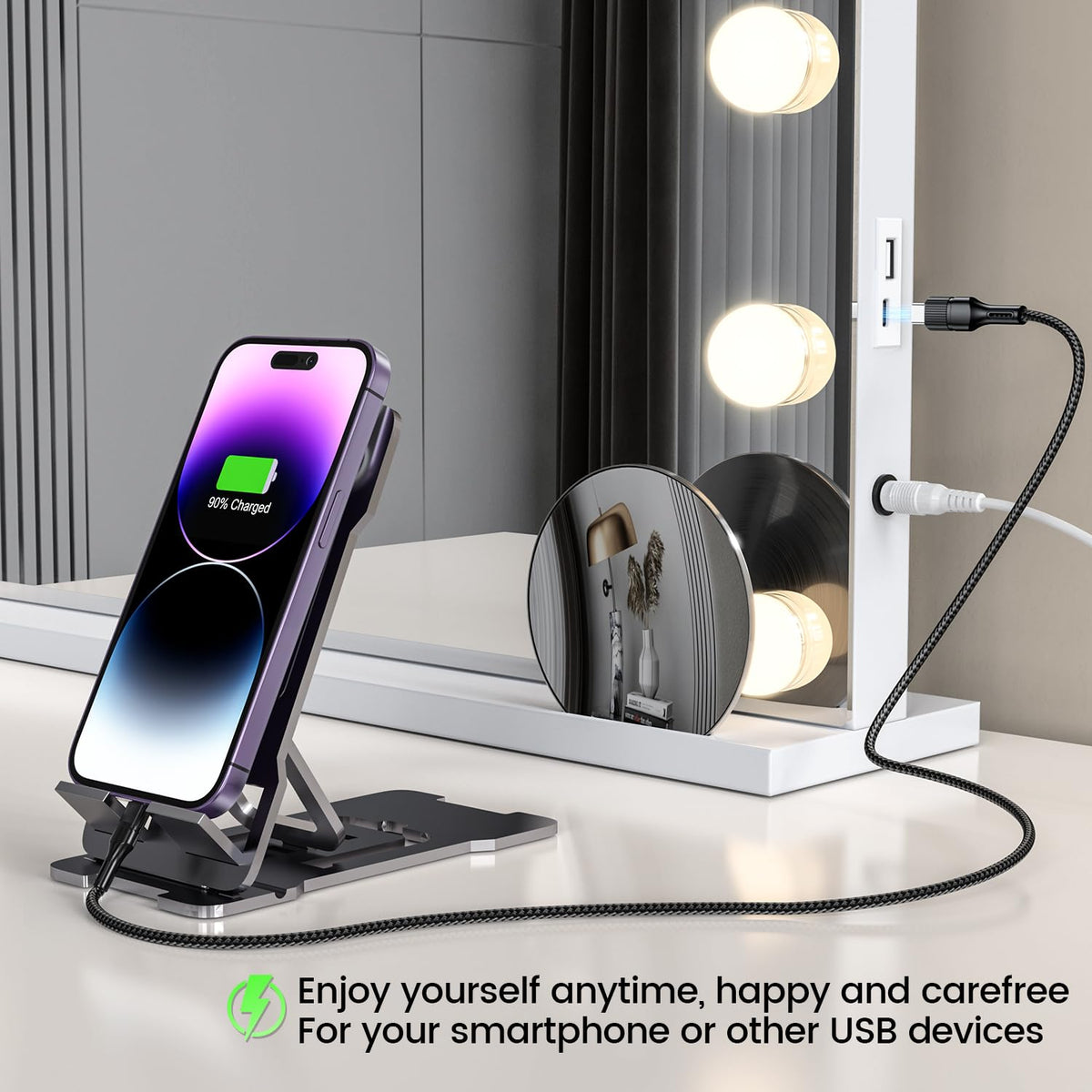 VESAUR USB-C and USB ports for charging devices during makeup