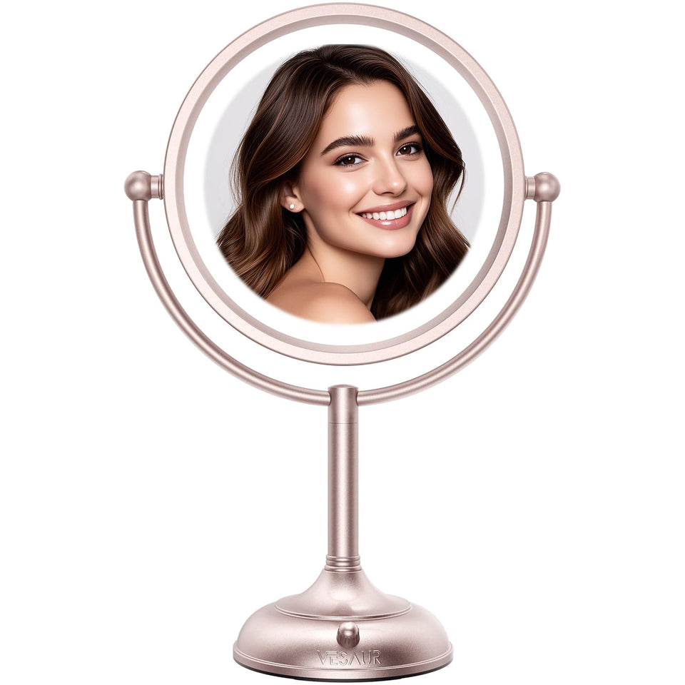 VESAUR lighted makeup mirror with 8.5-inch rose gold surface for a bigger reflection