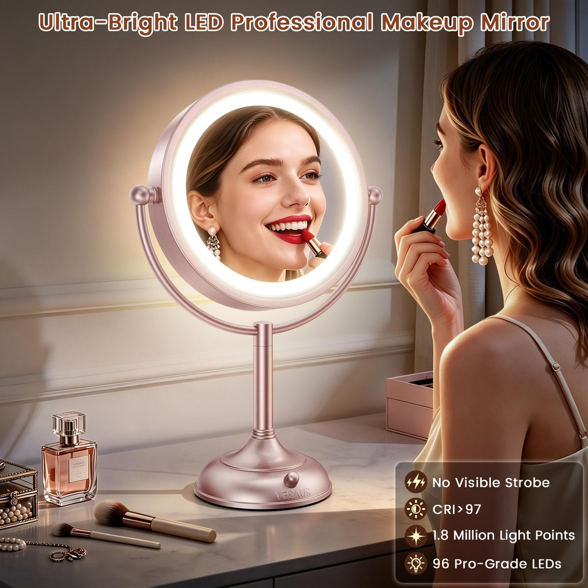 VESAUR dual-sided 1X/10X magnification for precise makeup application