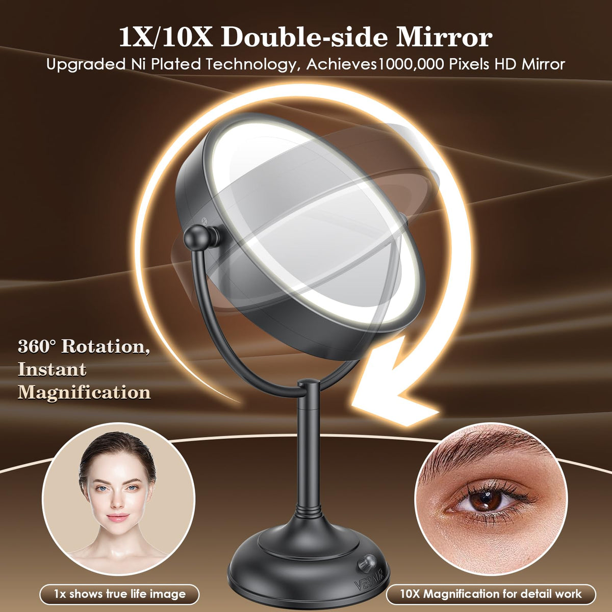 VESAUR professional 8.5-inch mirror 10x detail for precision makeup.
