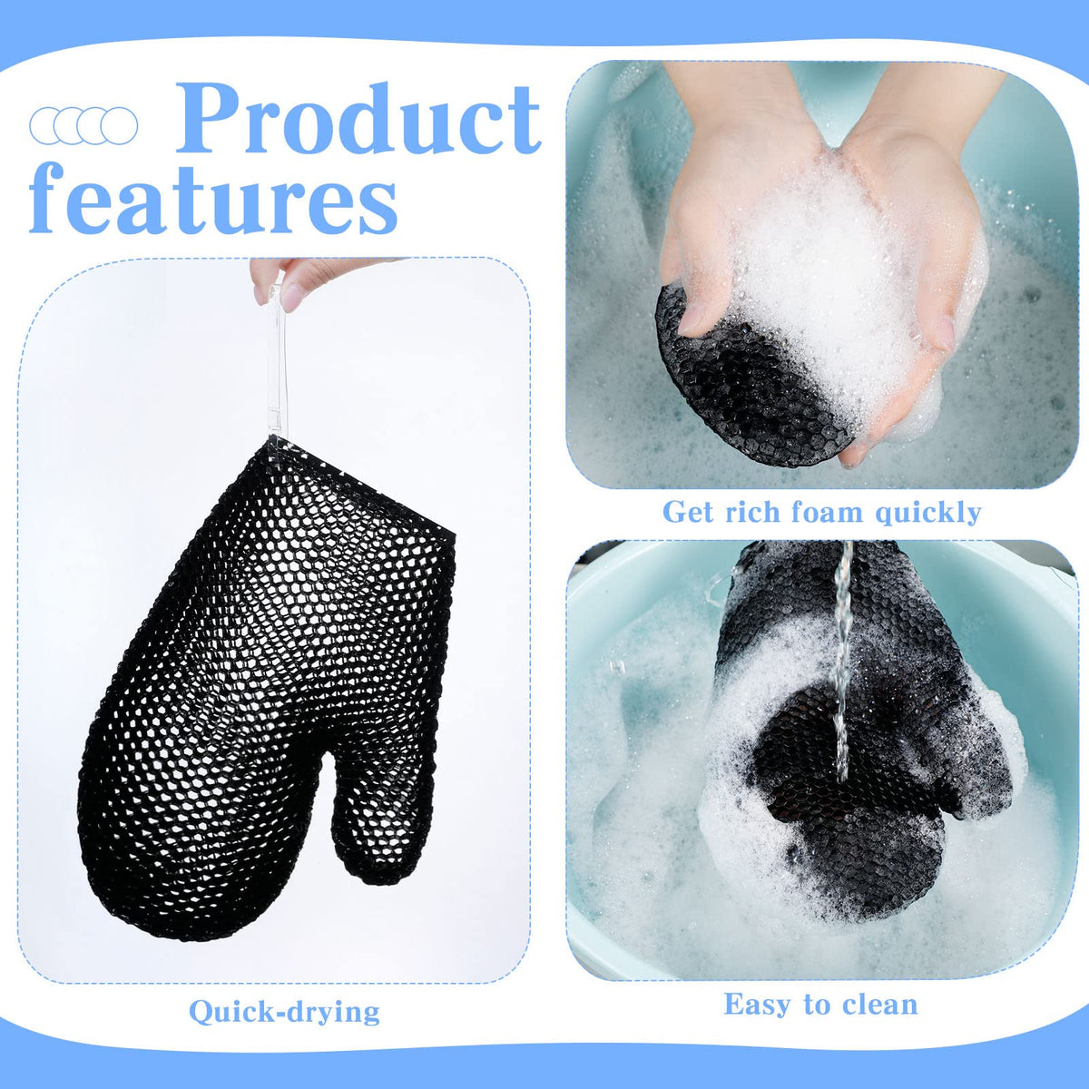 Vesici exfoliating glove with lanyard for easy hanging and drying.