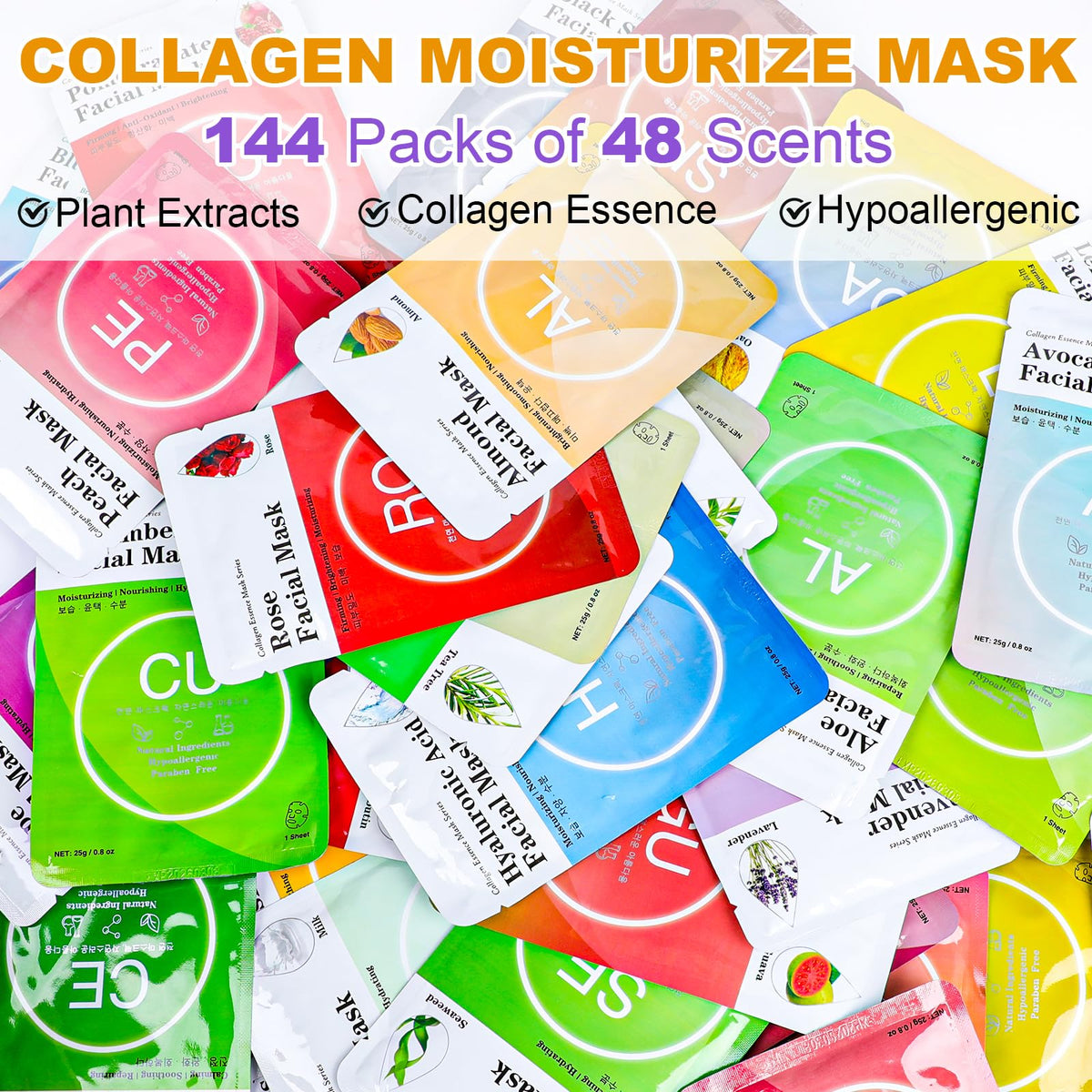 VESPRO 144-pack sheet masks for all skin types in a bulk set