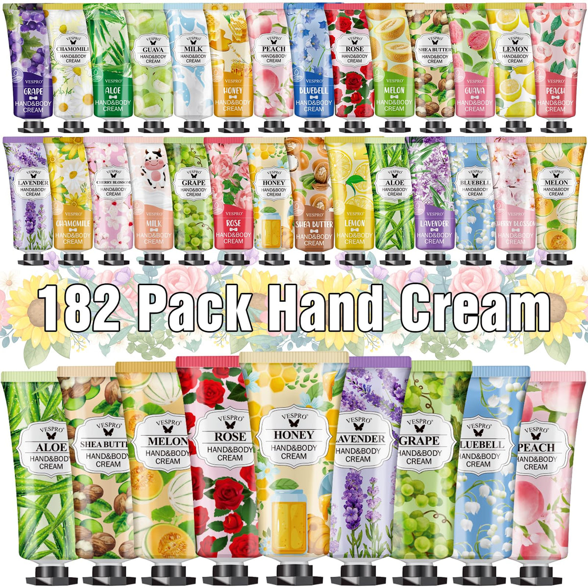 VESPRO 182-pack hand cream gift set with 14 scents for daily fragrance variety and hydration.