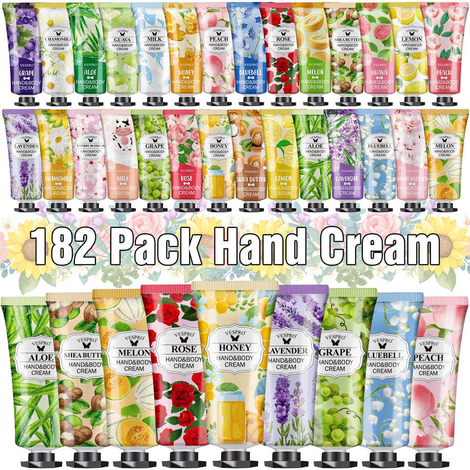 VESPRO 182-pack hand cream gift set with 14 scents for daily fragrance variety and hydration.