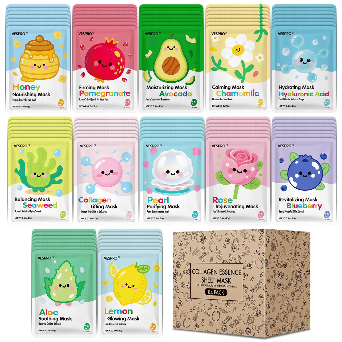 VESPRO 84-pack face mask gift set showcasing diverse options for daily hydration.
