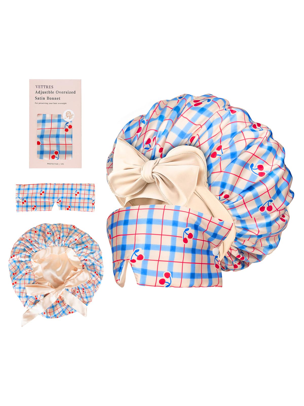 Vettres satin bonnet with detachable eye mask for full head-to-eye coverage.