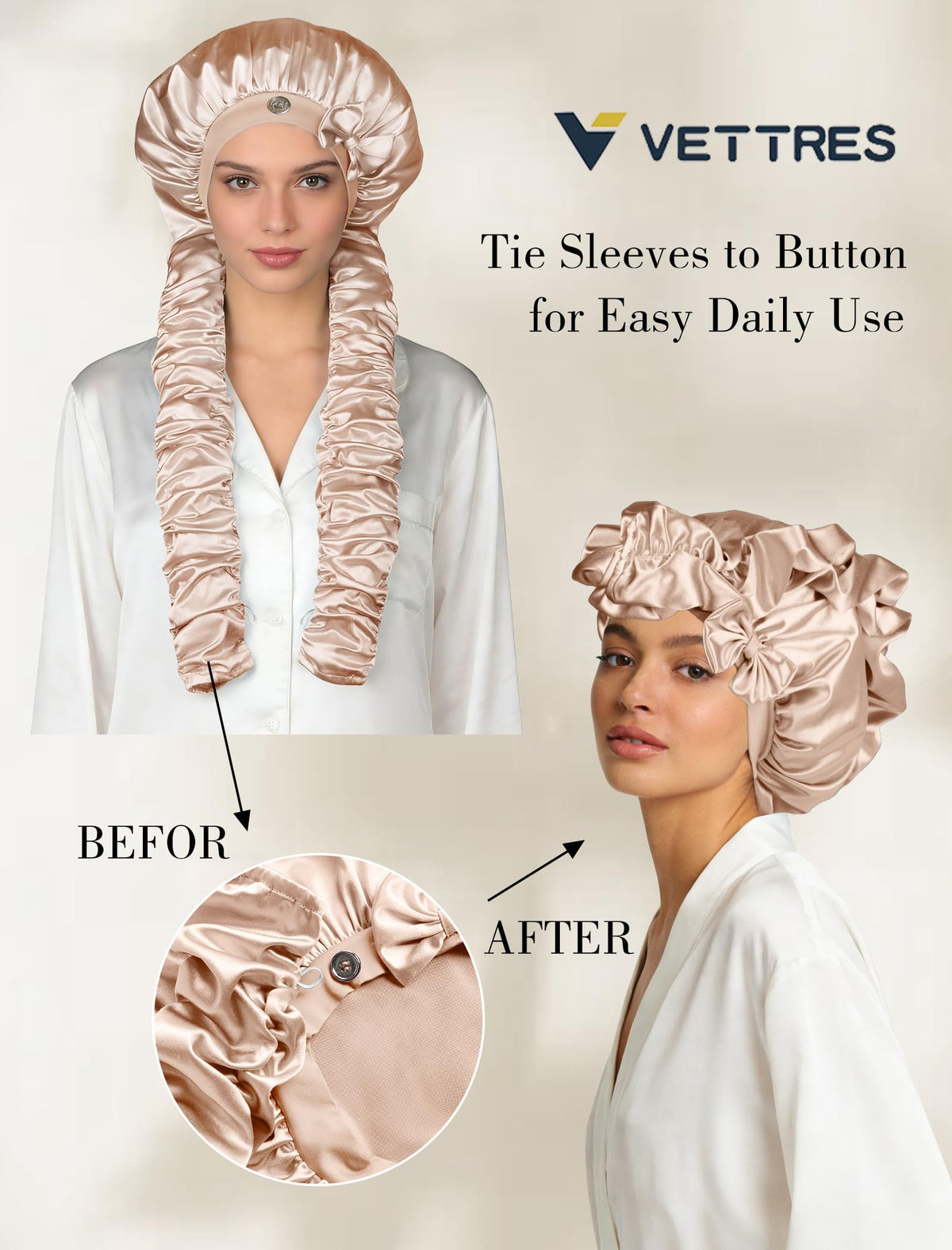 Vettres satin bonnet designed for braids and dreadlocks to reduce tangling.