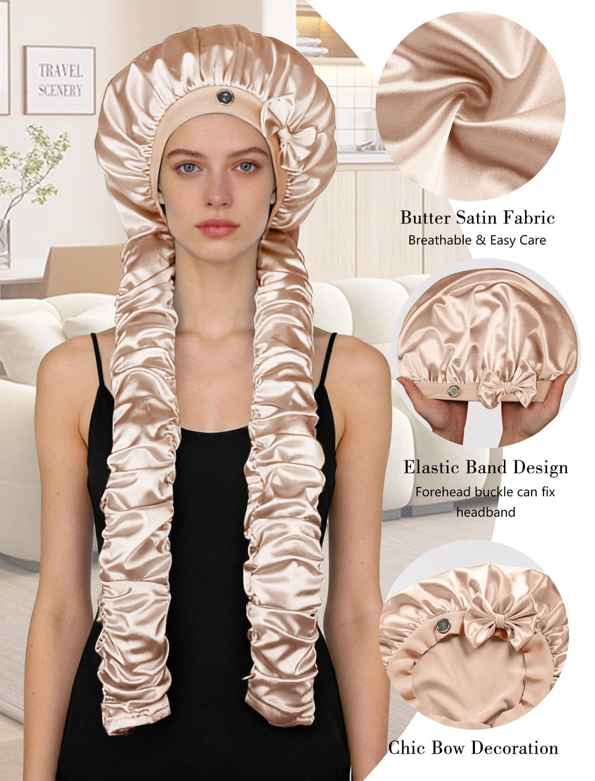 Vettres bonnet with built-in ruched wraps promoting long-lasting waves.