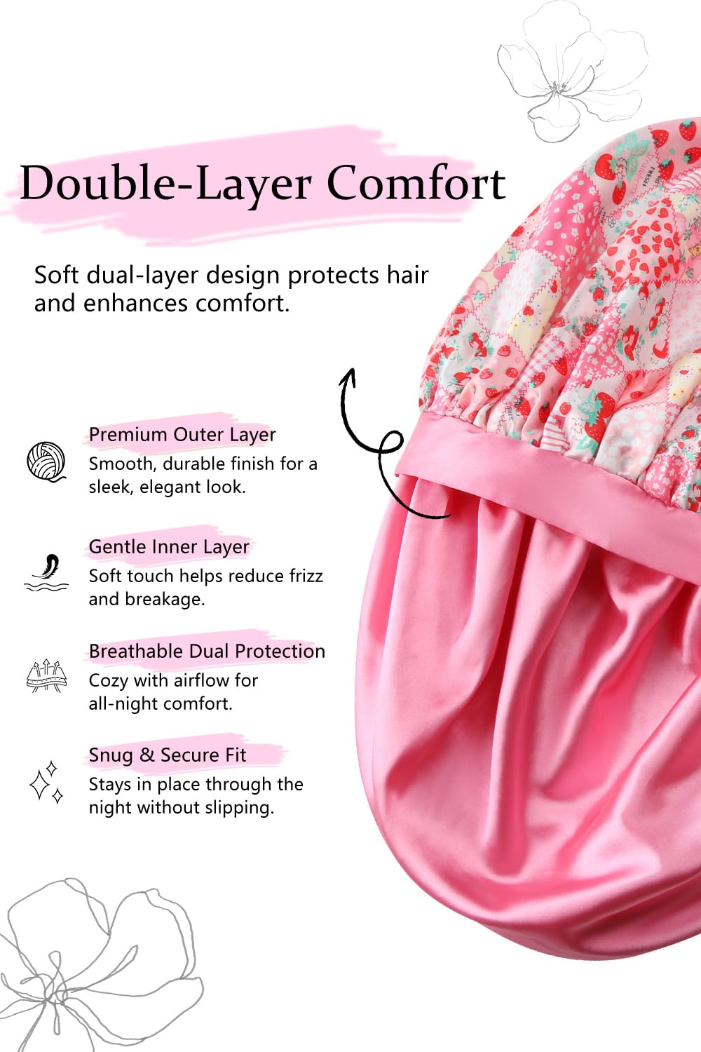 Vettres curly hair protection satin bonnet reduces friction overnight.