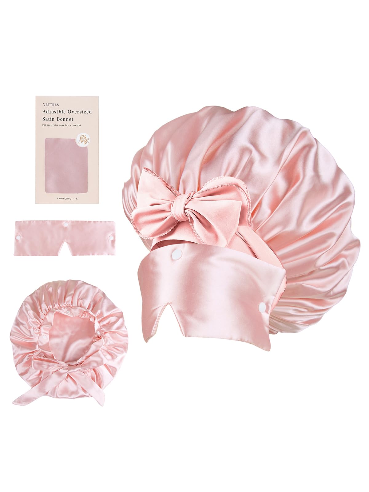 Vettres detachable eye mask attached to bonnet for convenient full-night or nap use.