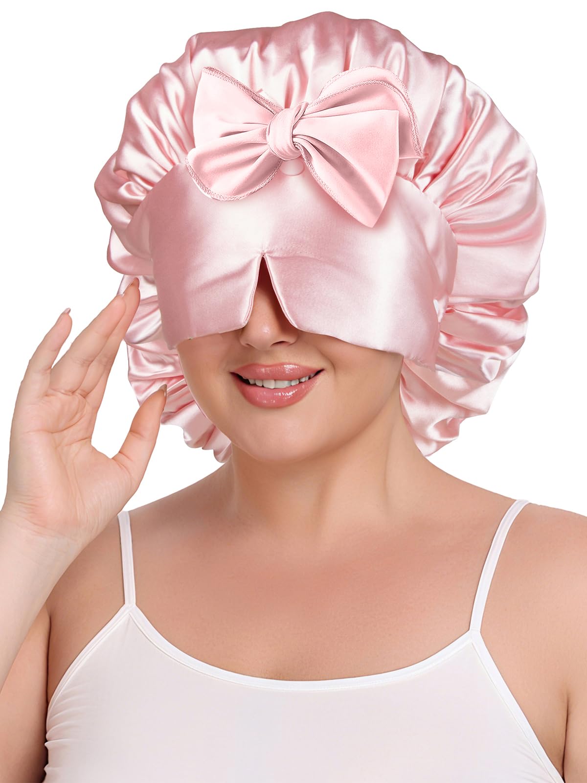 Vettres double-layer satin bonnet closeup fabric showing premium sheen and gentle hair protection.