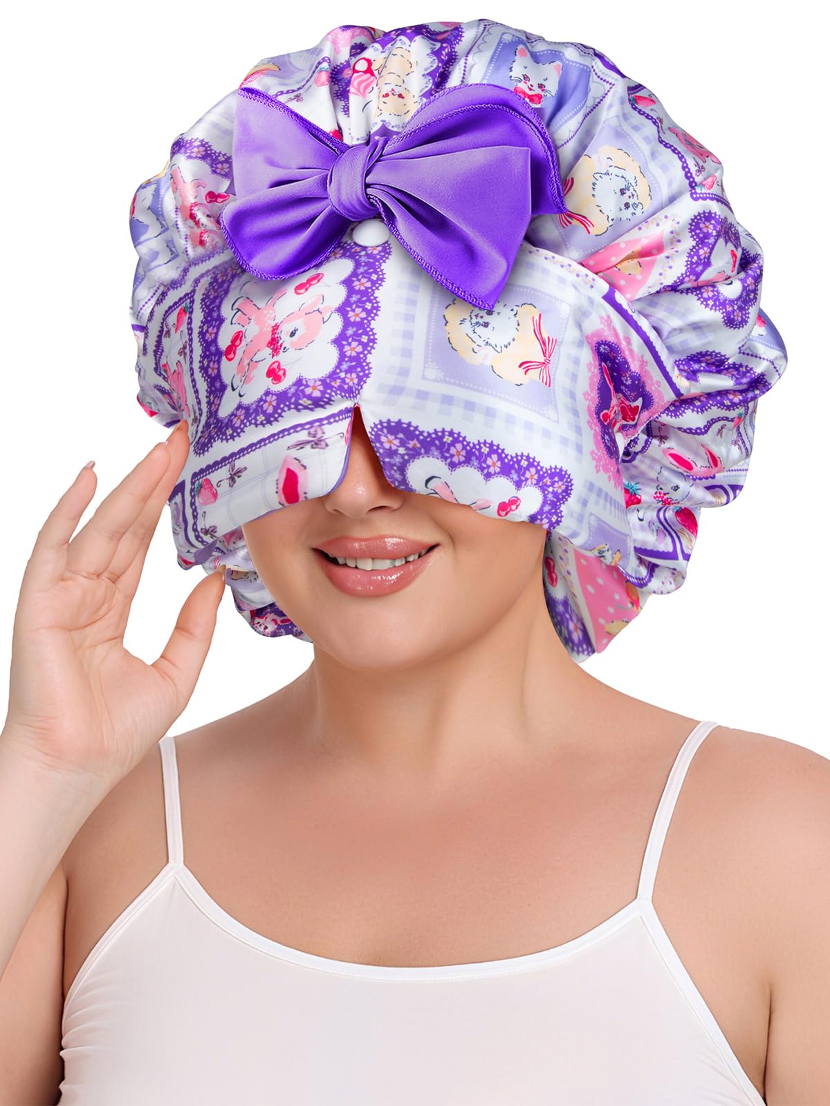 Vettres double layer satin bonnet close-up shows smooth fabric and curl protection