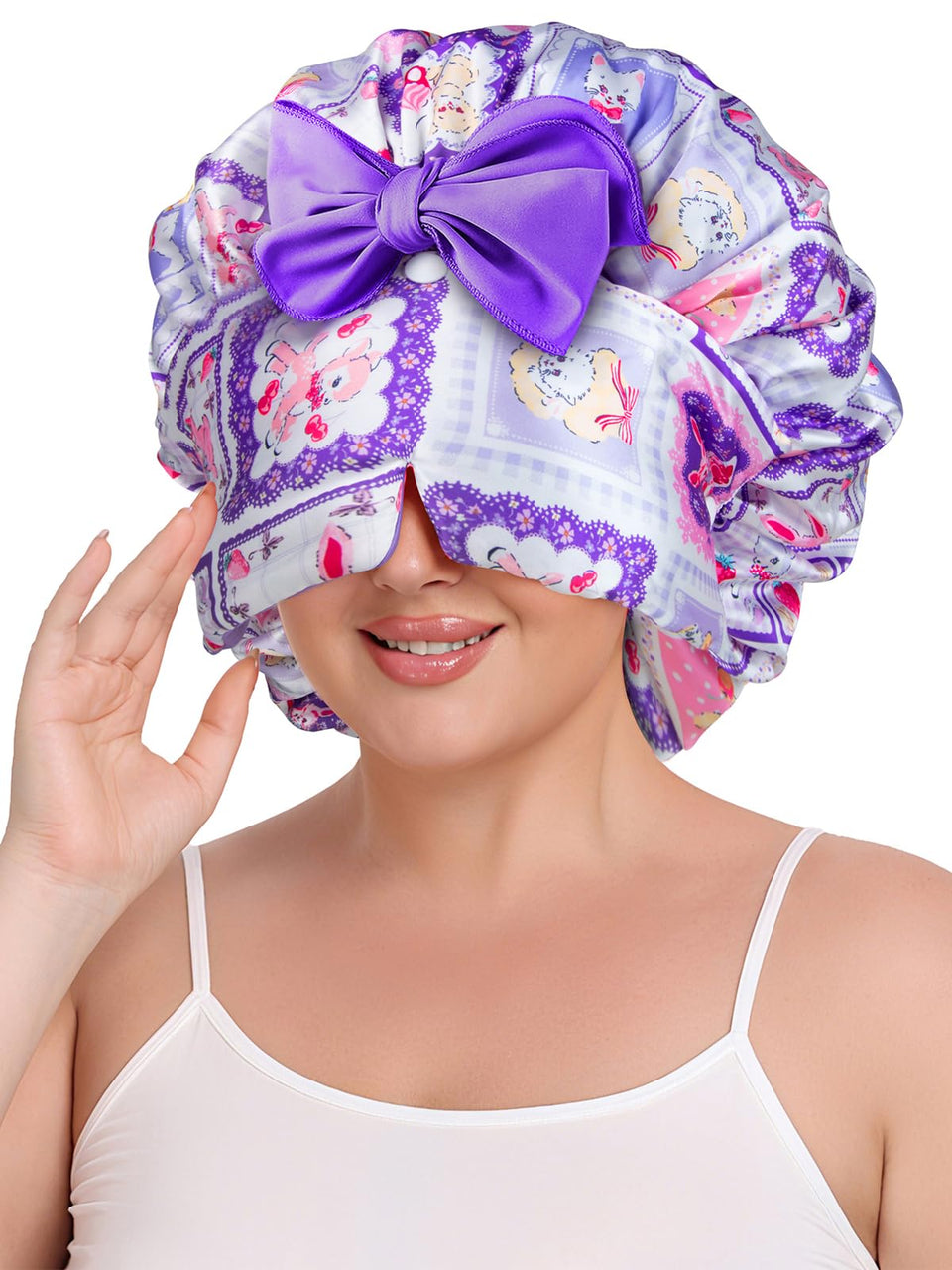 Vettres double layer satin bonnet close-up shows smooth fabric and curl protection