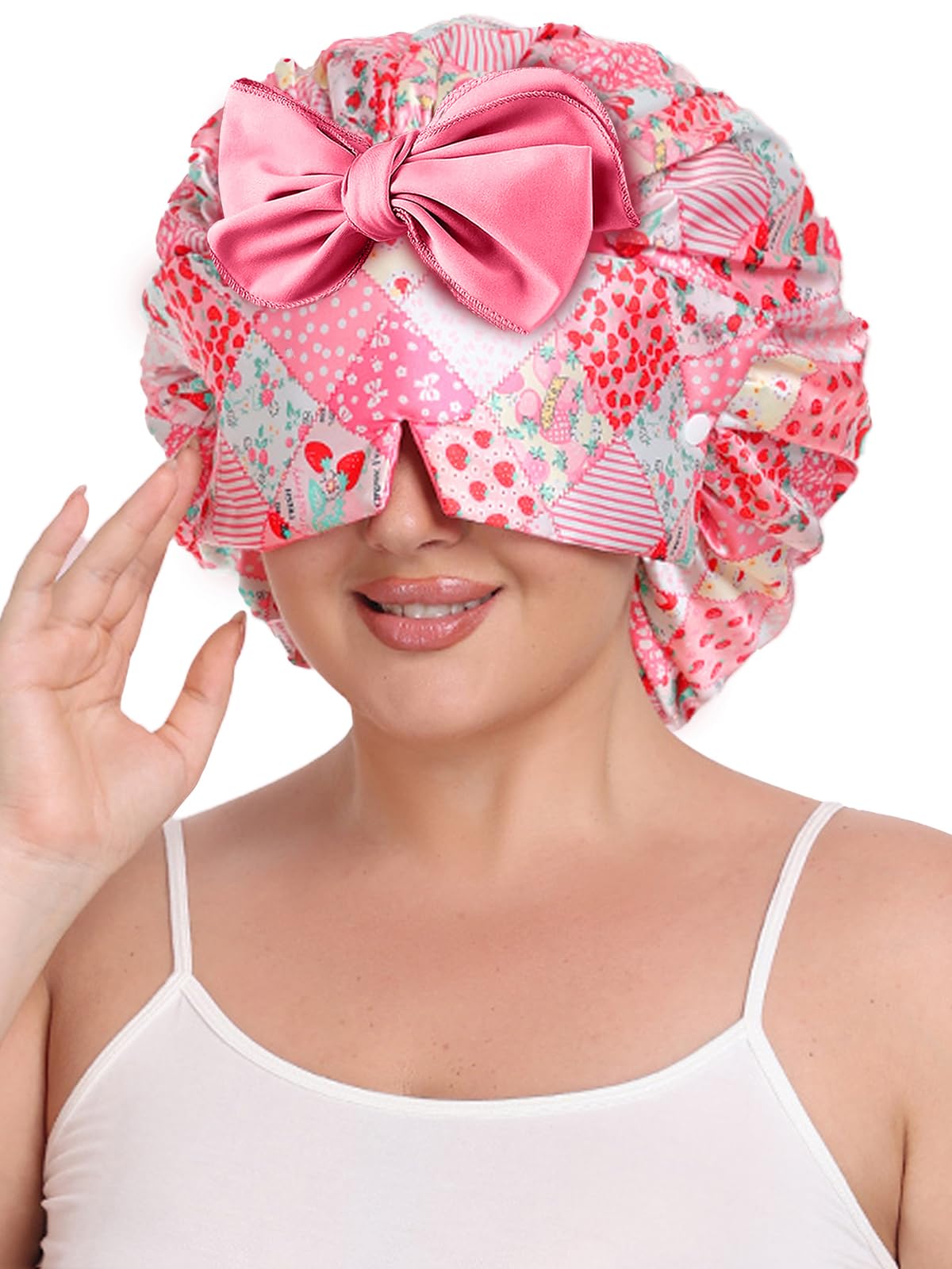Vettres double-layer satin bonnet pink strawberry closeup for silky sleep protection.