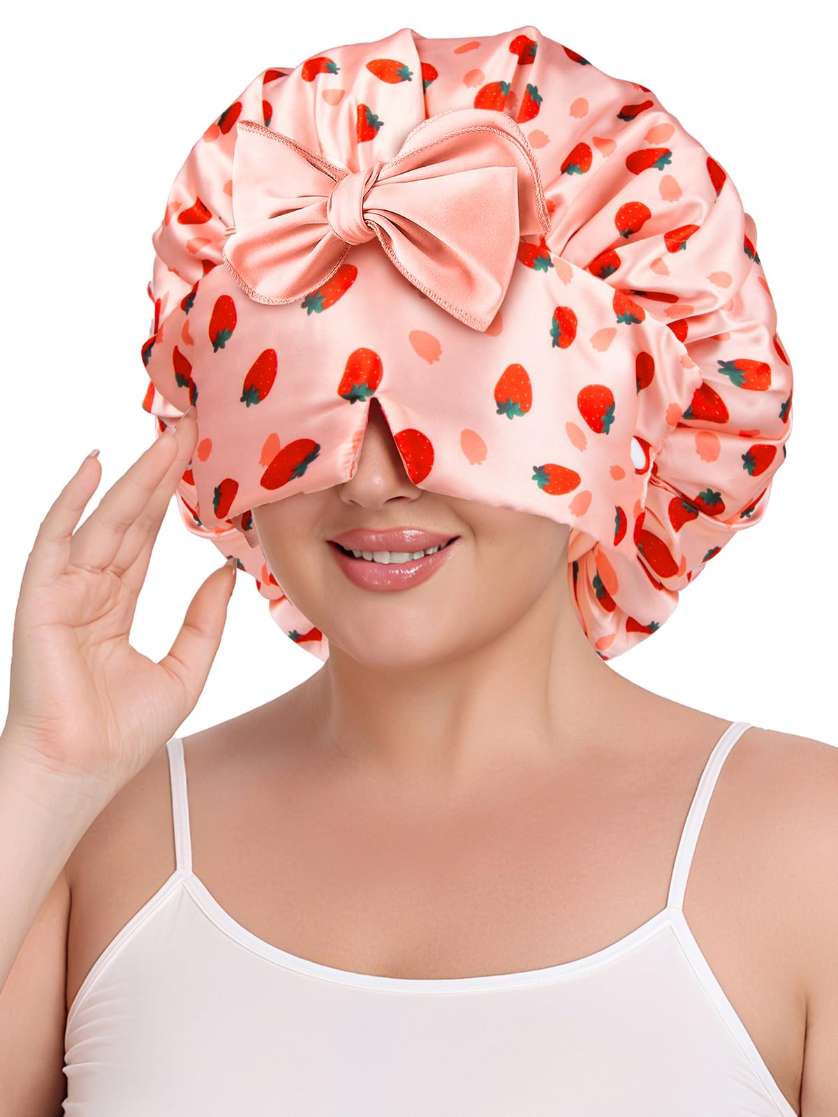 Vettres double-layer satin bonnet worn for all-night hair protection and frizz reduction