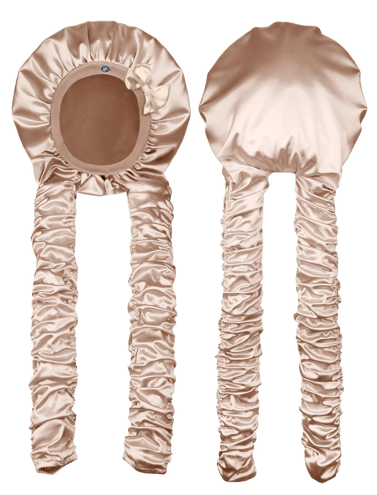 Vettres heatless satin bonnet in beige protecting overnight curls.