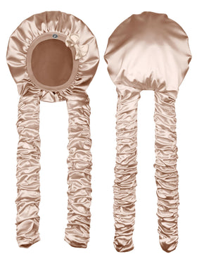 Vettres heatless satin bonnet in beige protecting overnight curls.