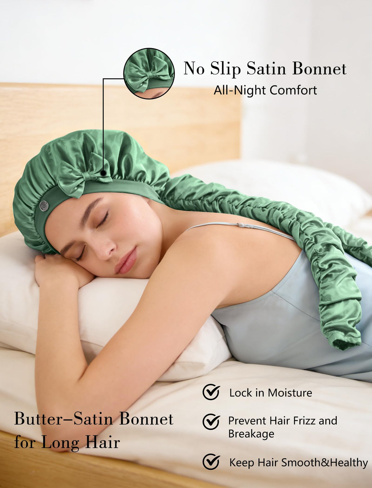 Vettres bonnet green braids secured with ruched wraps for easy mornings.