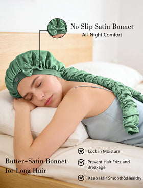 Vettres bonnet green braids secured with ruched wraps for easy mornings.
