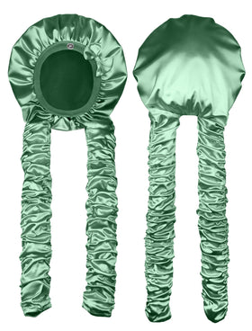 Vettres heatless curl satin bonnet green closeup reduces friction for frizz-free mornings.