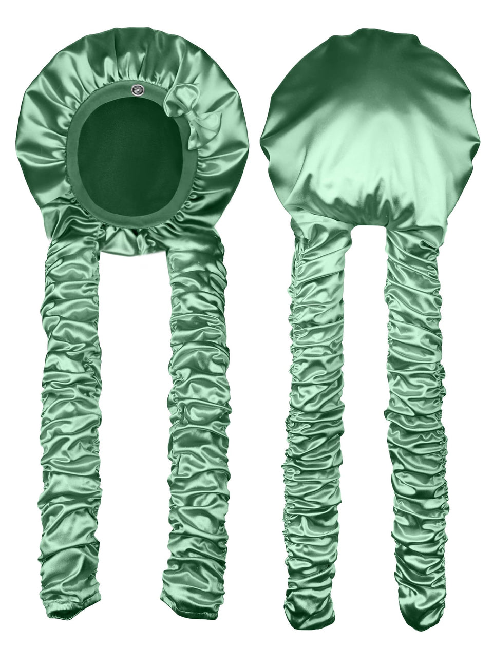 Vettres heatless curl satin bonnet green closeup reduces friction for frizz-free mornings.