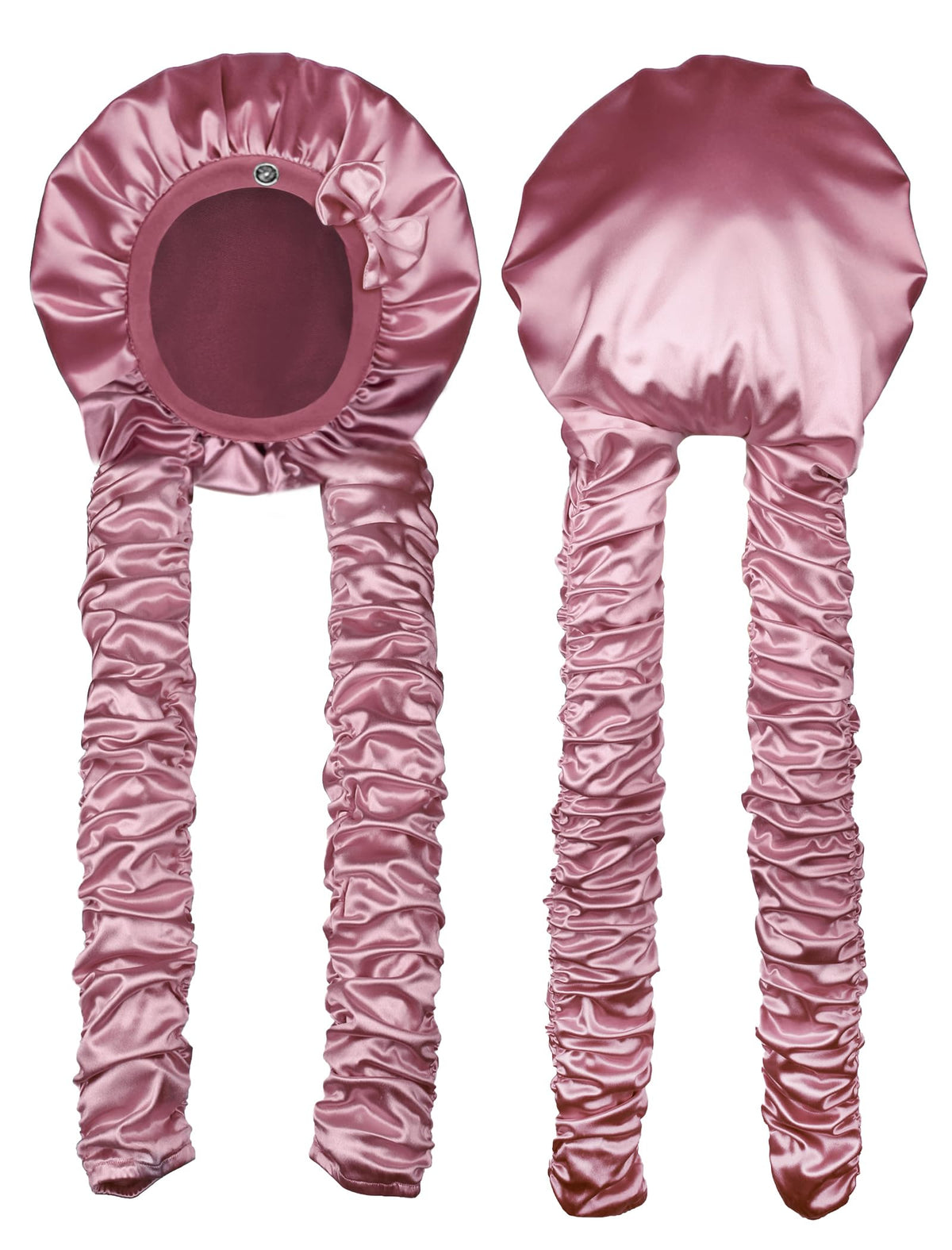 Vettres heatless curl satin bonnet in pink, back view protecting long hair overnight