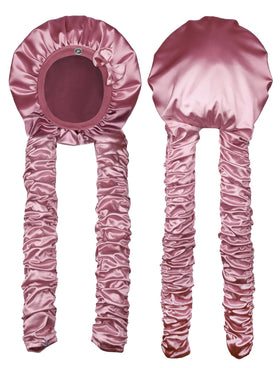 Vettres heatless curl satin bonnet in pink, back view protecting long hair overnight
