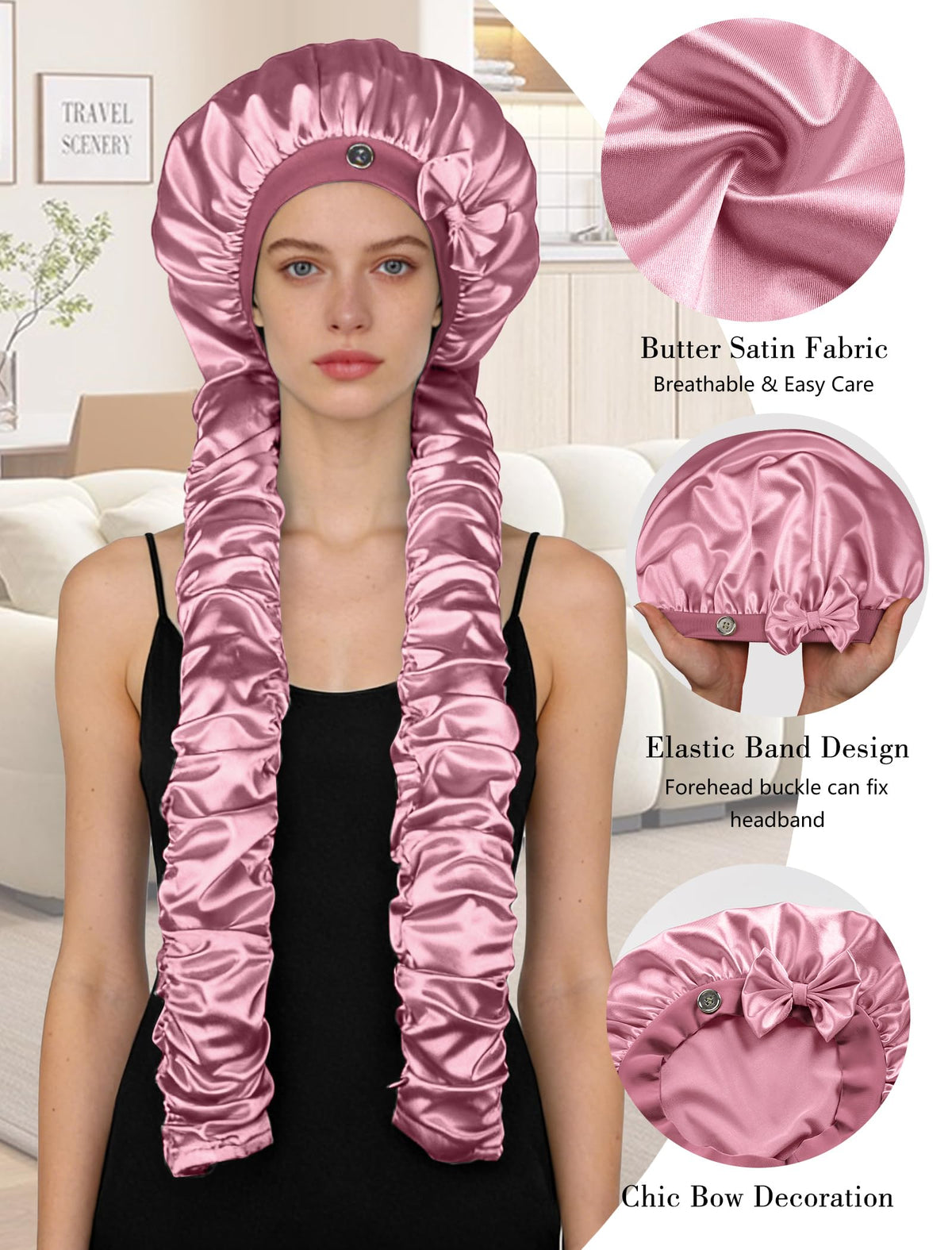 Vettres bonnet pink with braids held securely for overnight styling