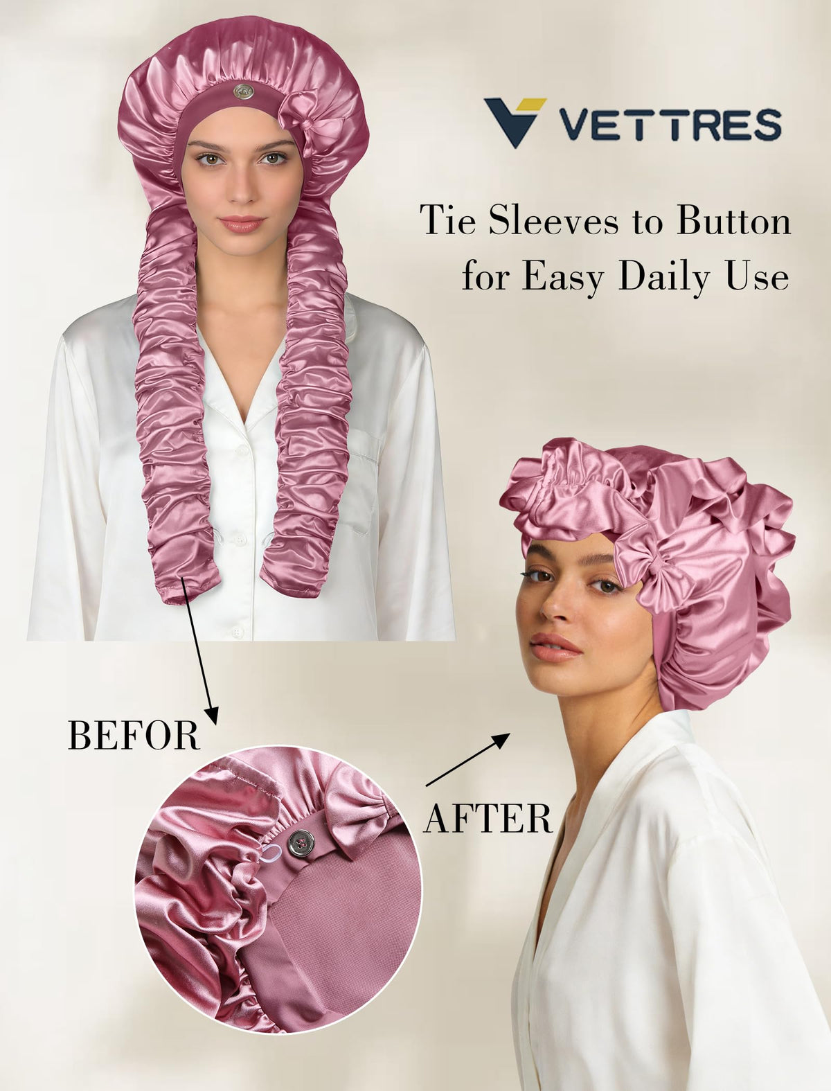 Vettres pink satin bonnet covering long hair and braids for secure wear