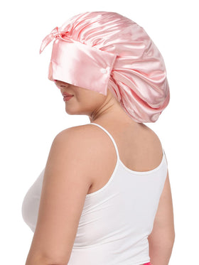 Vettres lightweight, packable satin bonnet ideal for on-the-go nightly care.