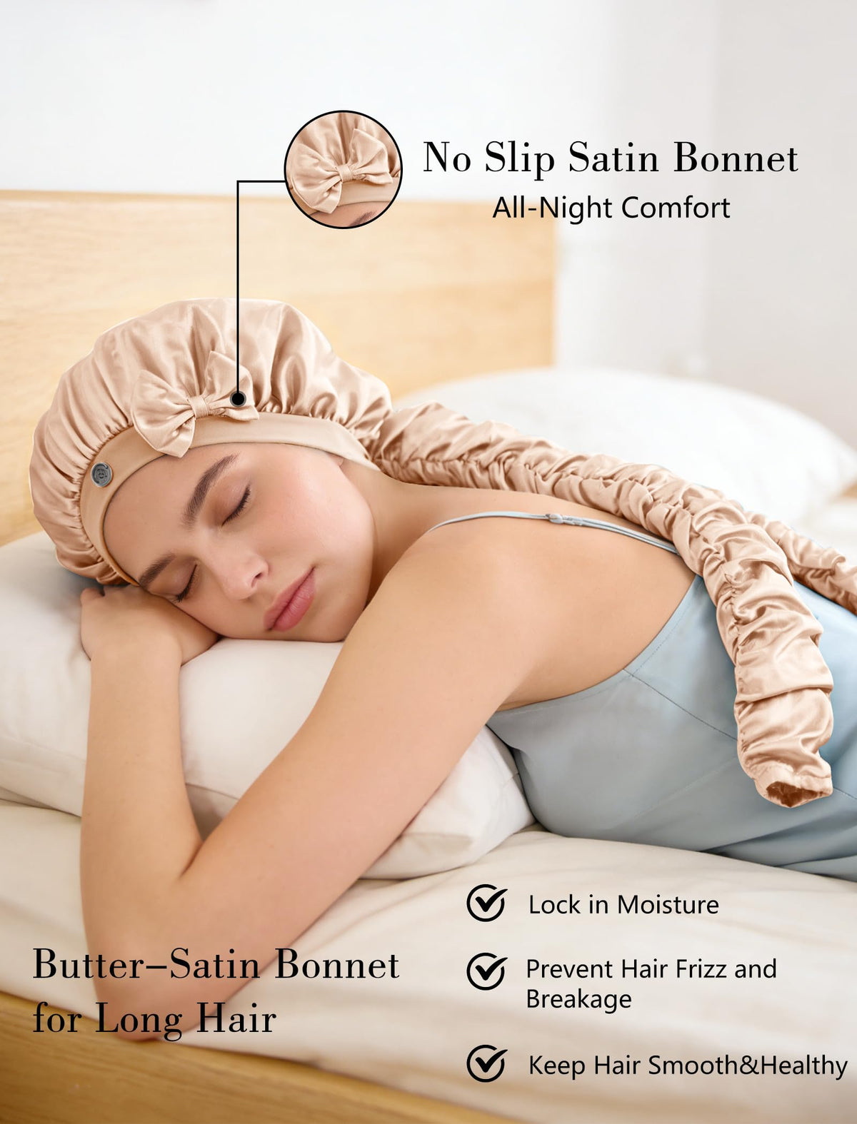 Vettres long hair tucked inside satin bonnet for secure, frizz-free sleep.