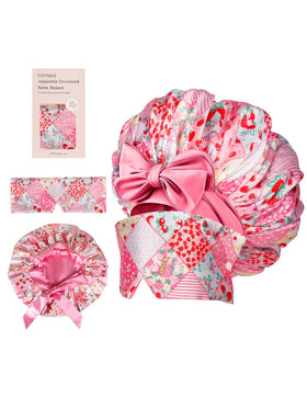 Vettres satin bonnet on head during sleep helps prevent frizz.