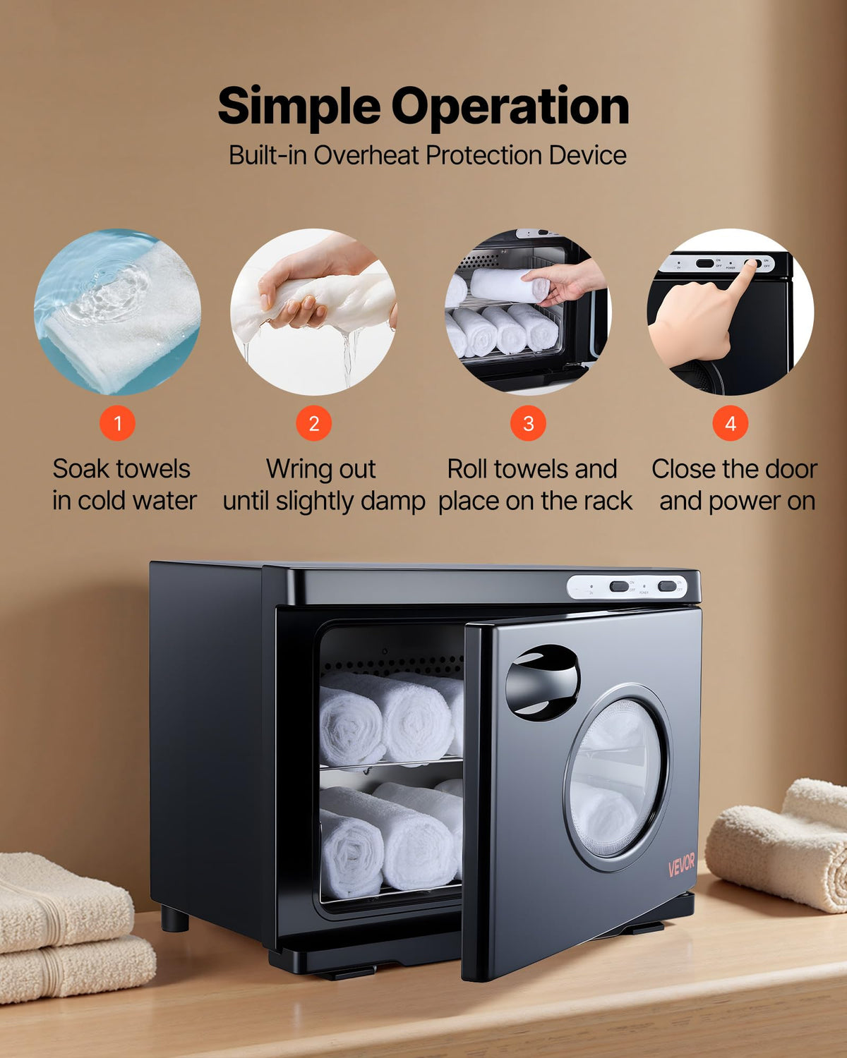 VEVOR warmer demonstrates 360-degree heating for even towel warmth.
