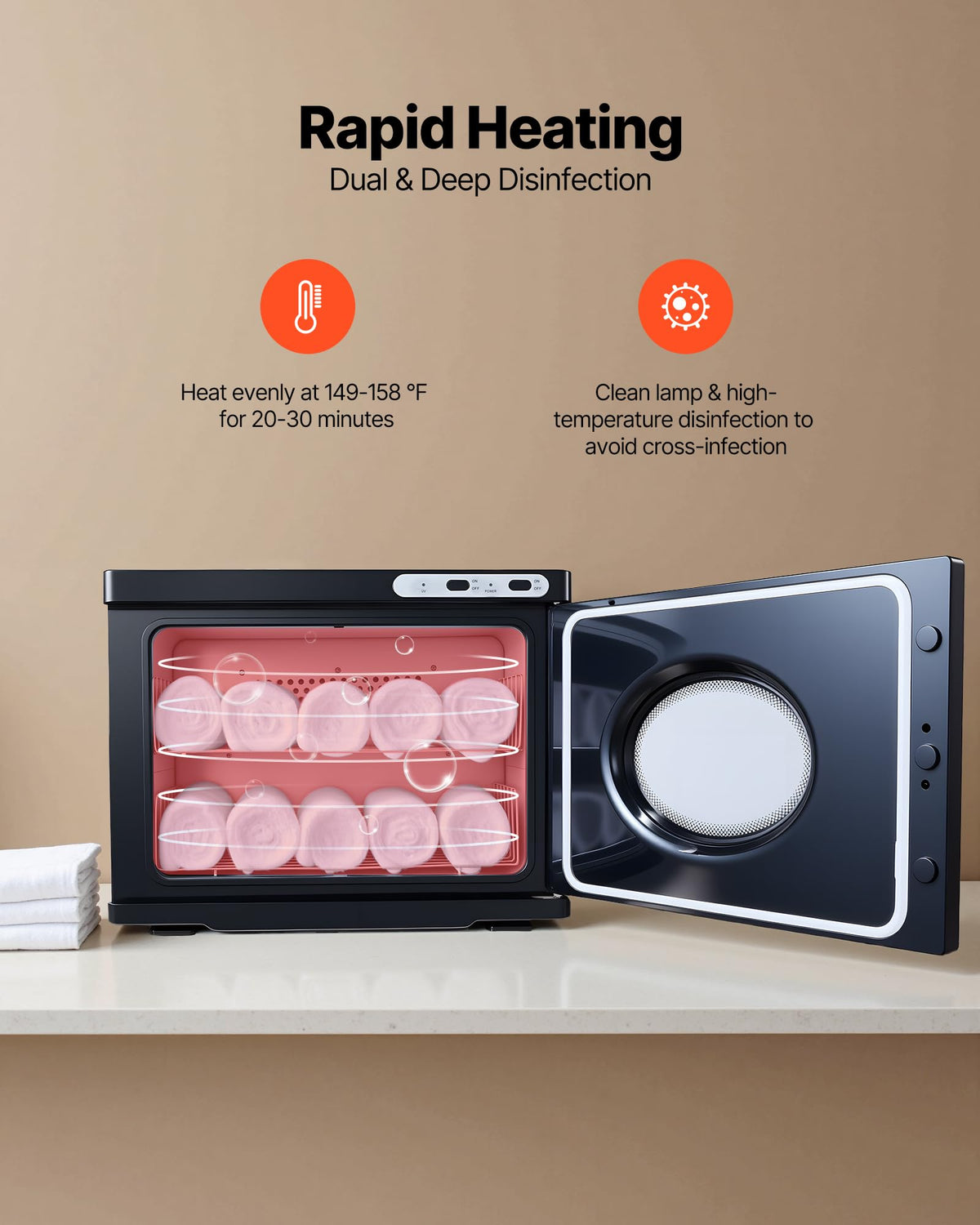 Interior view of VEVOR warmer with stainless steel racks for towel organization.