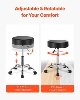 VEVOR rolling stool height range shown for versatile seating