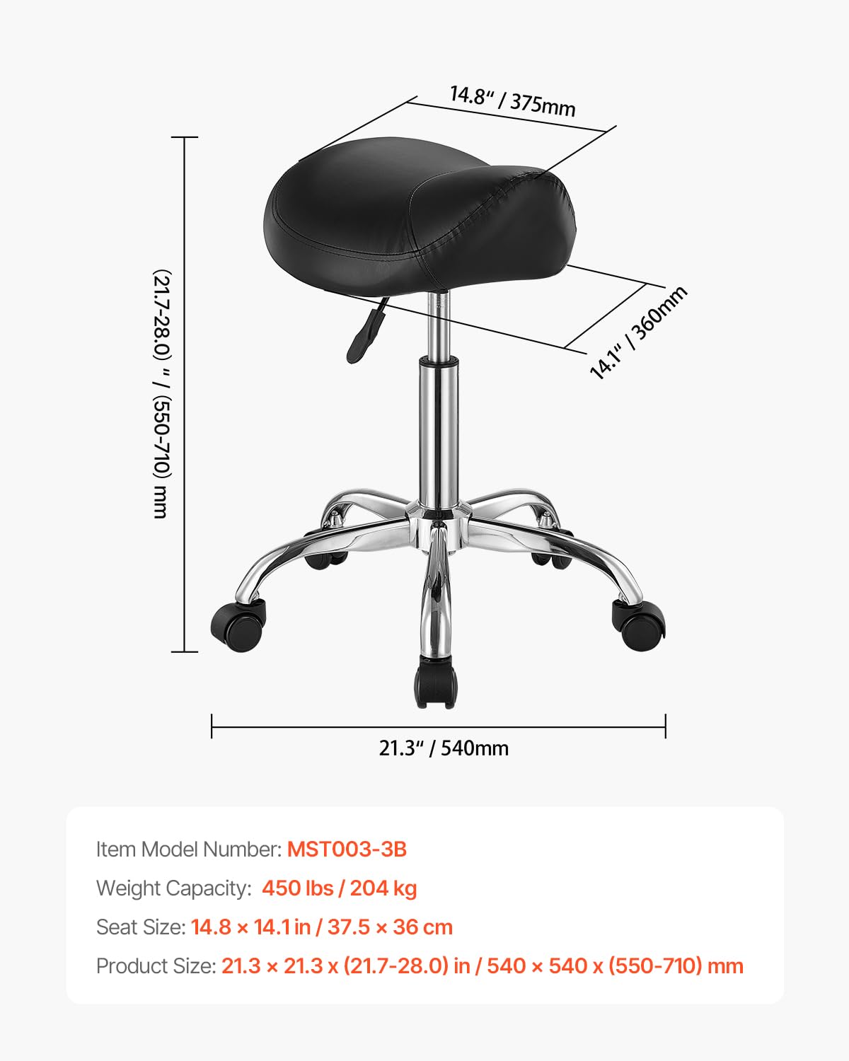 VEVOR saddle stool three-stage gas lift enables smooth height changes.
