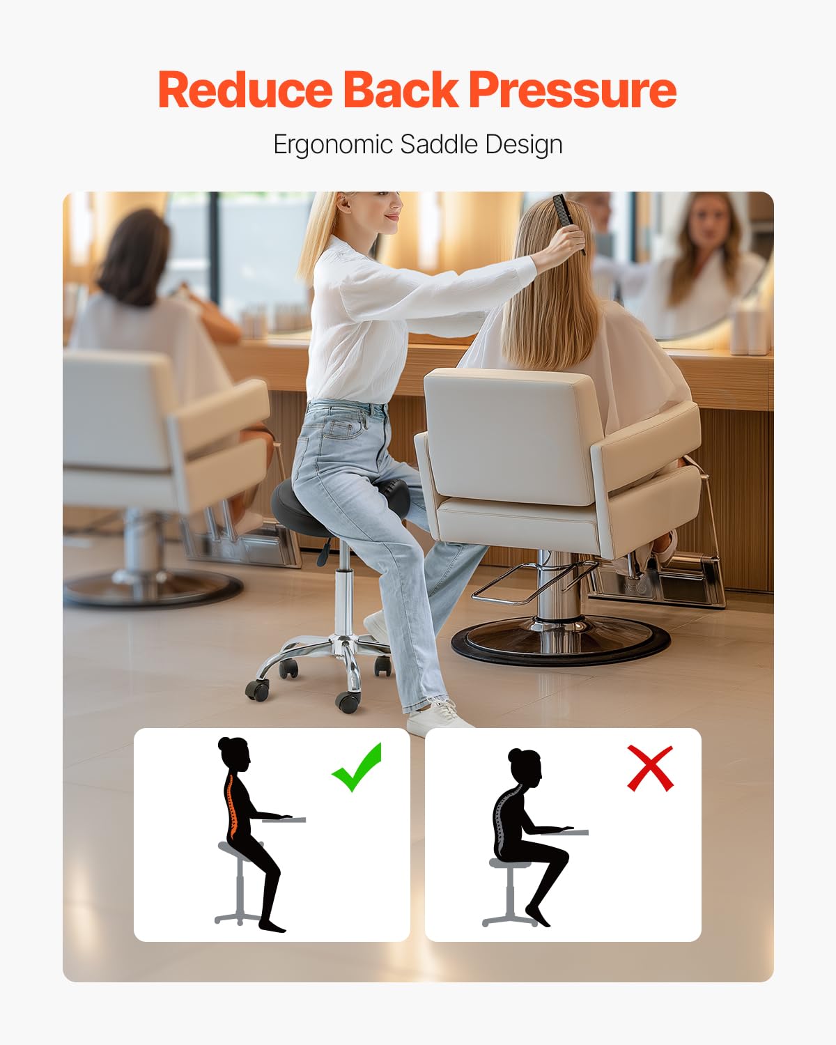 VEVOR saddle stool silent PU wheels glide smoothly on floors.