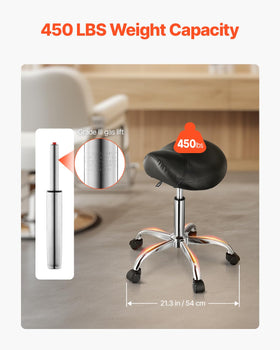 VEVOR saddle stool wide base supports up to 450 lbs safely.