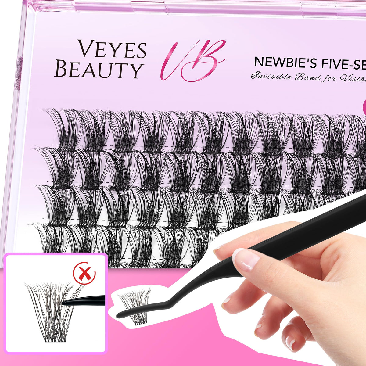VEYESBEAUTY Curl, bond, tweezers, and sealer setup for long-wear results.