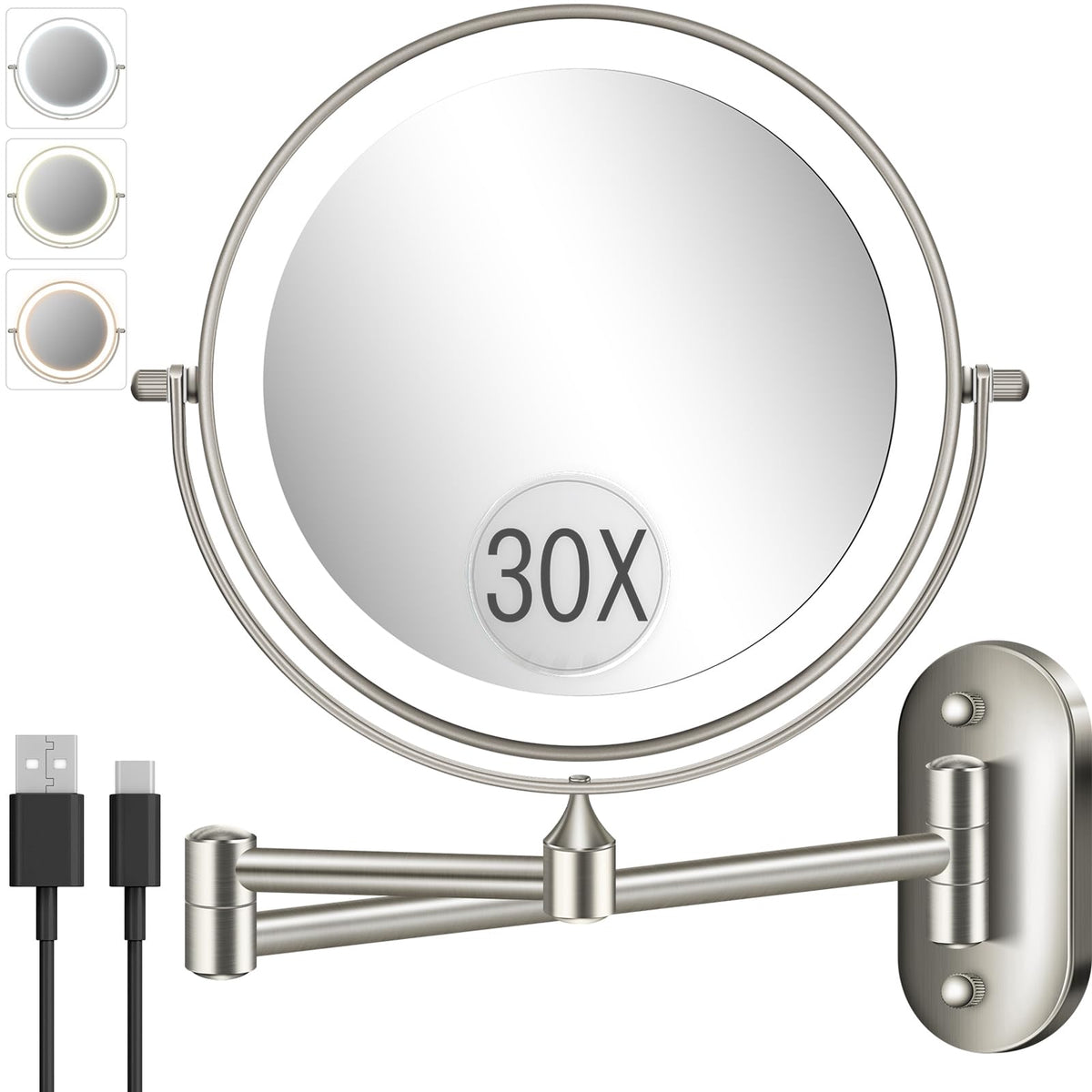 VFD 30X/1X 8-inch wall-mount makeup mirror with magnification for detailed edits