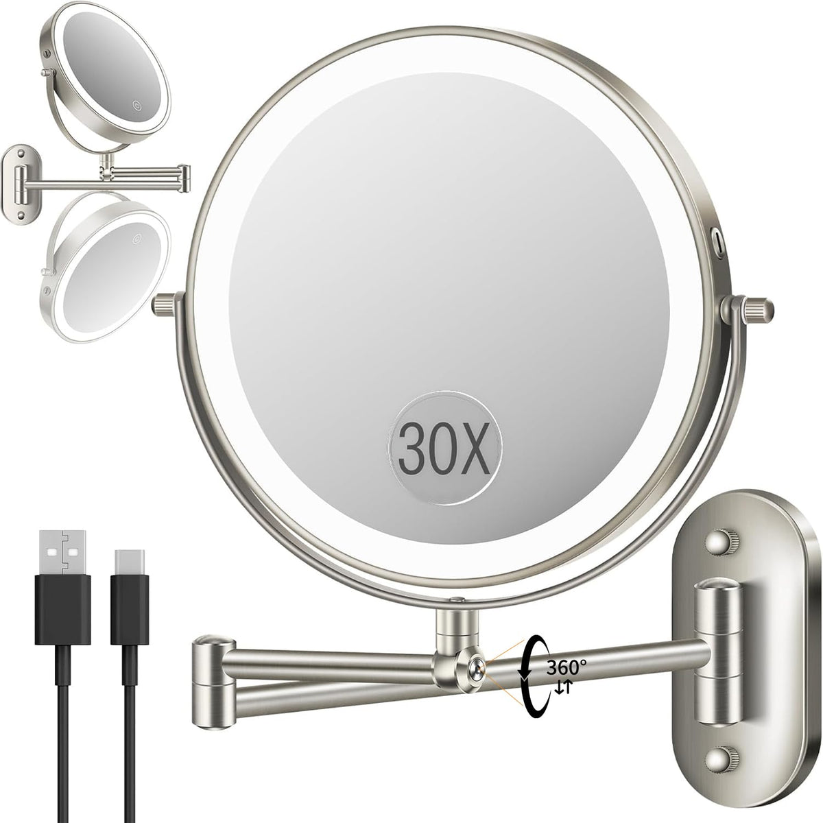 VFD 9-inch wall-mount makeup mirror offers a clear full-face view for everyday makeup.